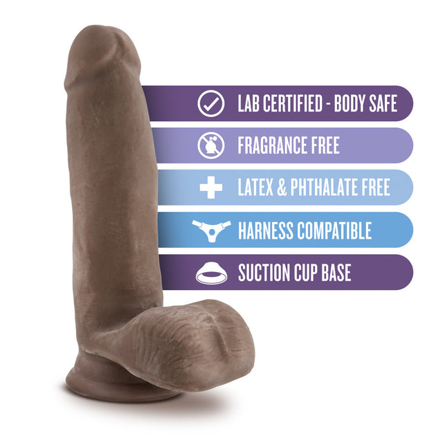 Blush Au Naturel Sensa Feel 7 in Dildo in chocolate: realistic dildo with balls and suction cup base, harness compatible