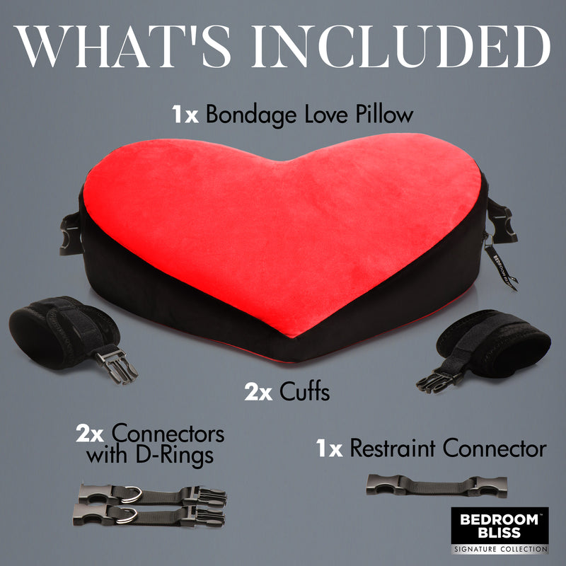 Bedroom Bliss Bondage Love Pillow: red heart-shaped pillow with 2 cuffs, 2 D-ring connectors and restraint connector
