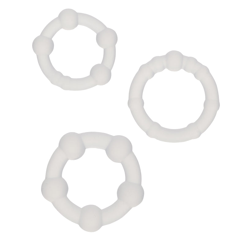 CalExotics Alpha Liquid Silicone Beaded Rings: set of three frosted clear beaded cock rings in different bead styles