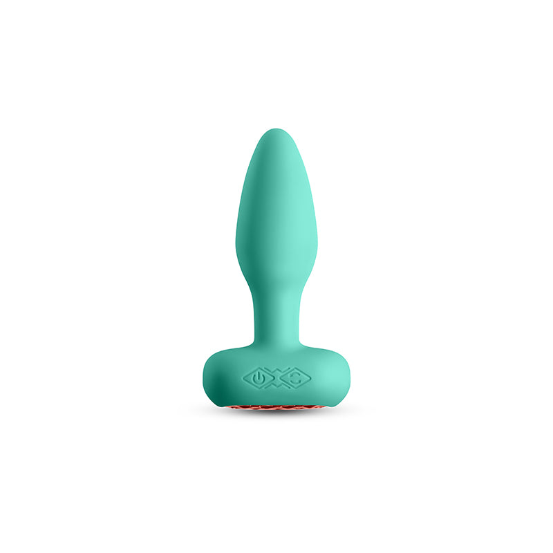 Techno Prism in teal: tapered silicone vibrating anal plug with a rose gold patterned base