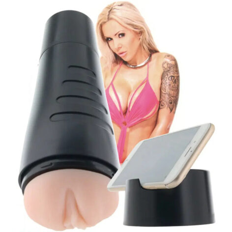 Pink Pussycat Star Stroker Nina Elle: light skin tone vagina stroker in a black case, cap used as a phone stand