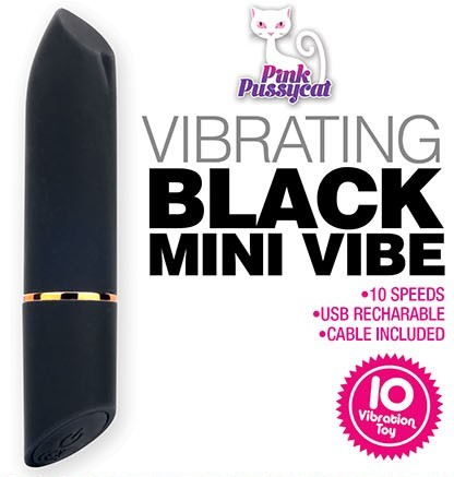 Pink Pussycat Vibrating Black Mini Vibe: black lipstick-style bullet vibrator with gold trim. 10 speeds, USB rechargeable