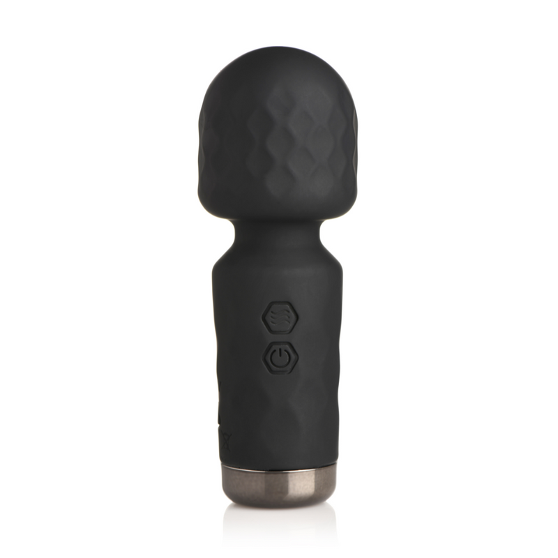 Bang! 10X mini silicone wand vibrator in black: textured round head, two buttons and a metallic base