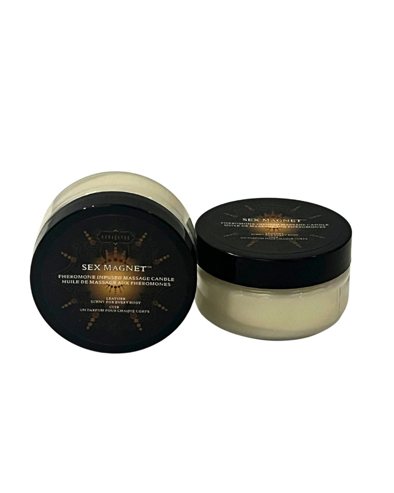 Kama Sutra Sex Magnet Pheromone Massage Candle in Leather: black tin shown open beside its lid