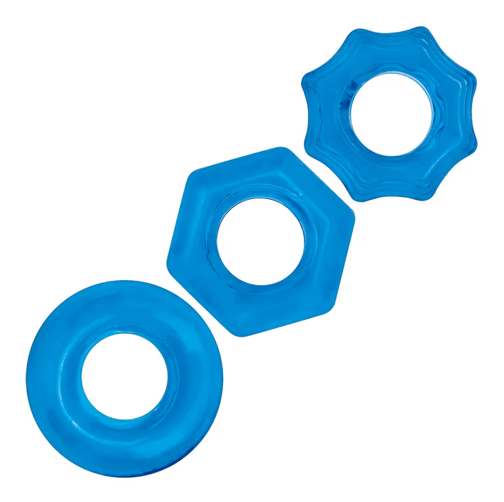 Blue Line Nuts and Bolts cock ring 3 pack: blue stretchy round, hex nut and gear-shaped rings