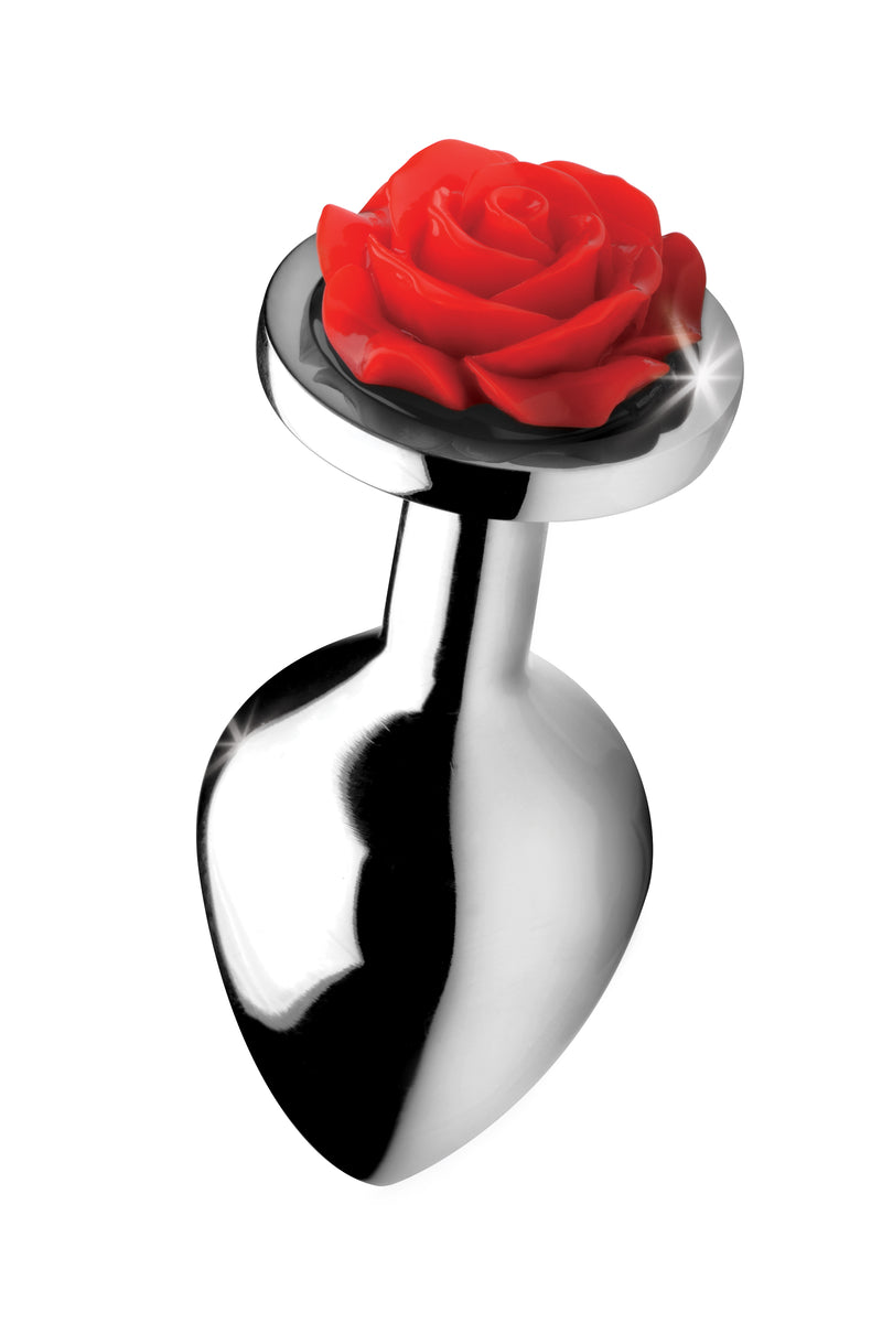 Booty Sparks Red Rose anal plug, medium: polished aluminum plug with a red rose base