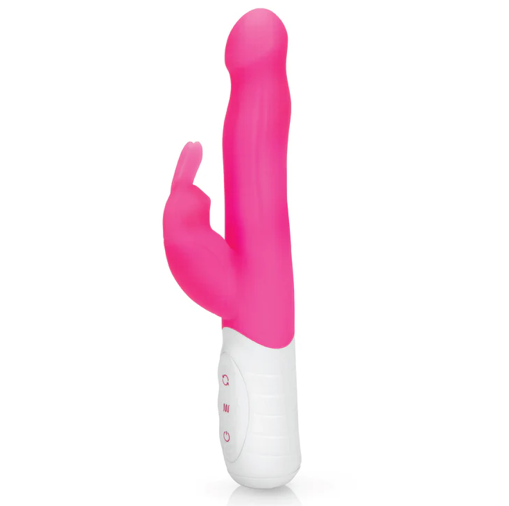 Rabbit Essentials Slim Shaft rabbit vibrator in hot pink with a realistic tip, bunny ears and a white handle