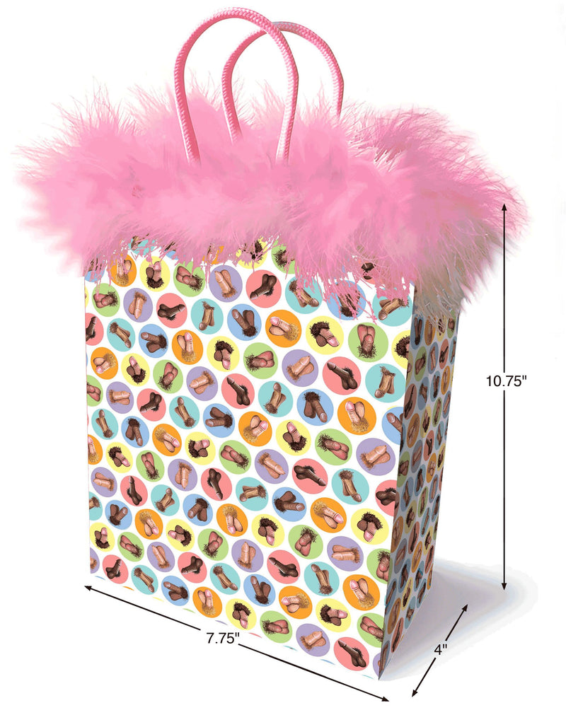Little Genie Dirty Penis gift bag: polka dot bag with penis prints, pink feather trim and handles, 7.75 x 10.75 x 4 in
