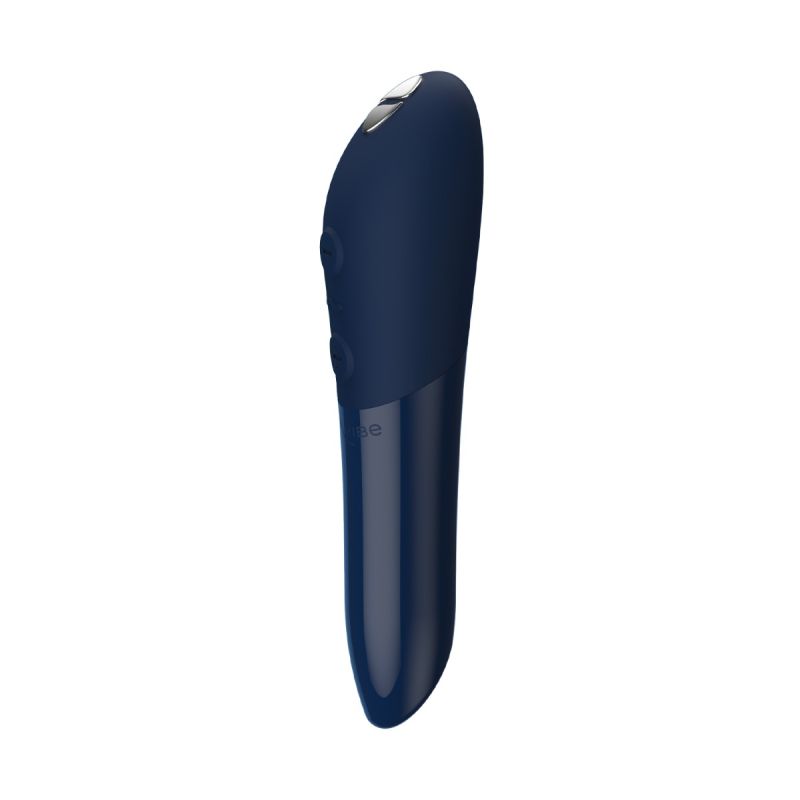We-Vibe Tango X in midnight blue: slim lipstick-style bullet vibrator with a glossy base and side buttons
