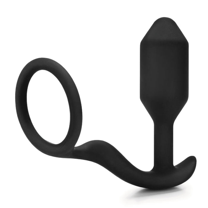 b-Vibe Snug and Tug in black: weighted silicone butt plug joined to a cock ring by a flexible strap