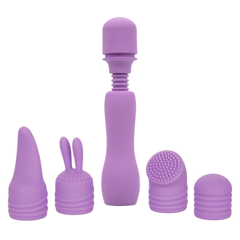 CalExotics First Time Travel Teaser Kit in purple: mini wand vibrator with tapered, bunny, nubbed and ribbed attachments