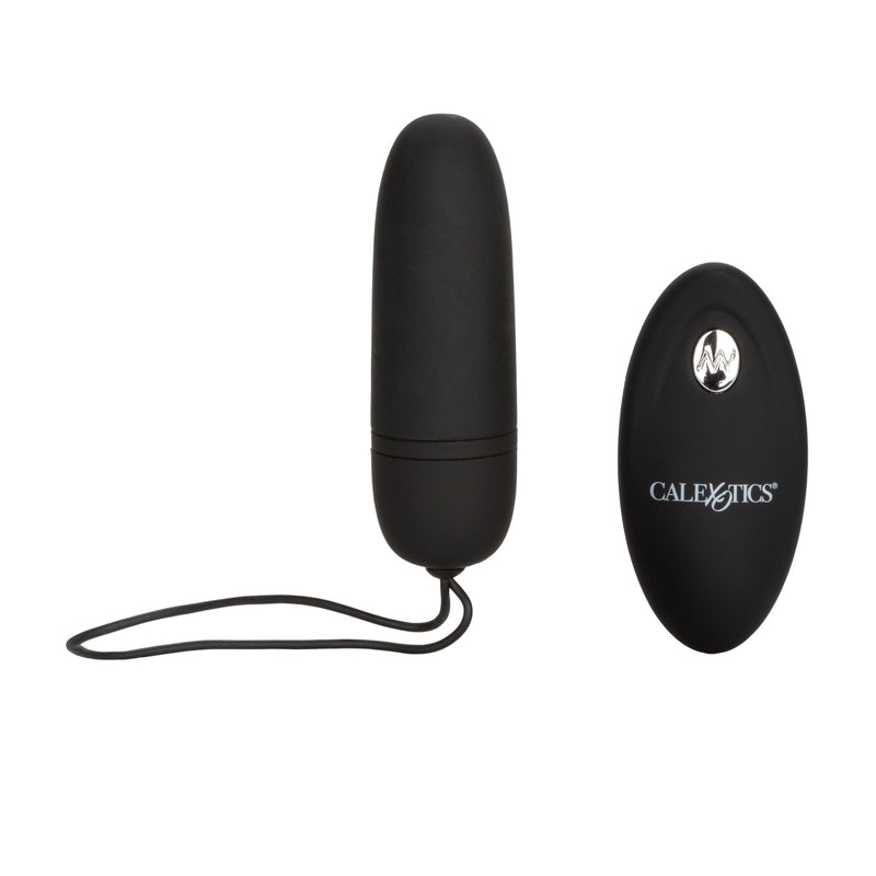 CalExotics Silicone Remote Bullet: black vibrating bullet with a retrieval cord and an oval wireless remote