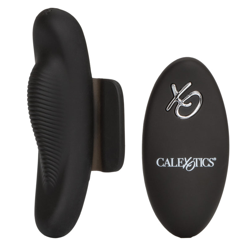 CalExotics Lock-N-Play Petite Panty Teaser: black ridged silicone panty vibrator with magnetic clip and XO remote