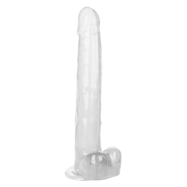 CalExotics Size Queen 12 in Dildo: clear realistic dildo with veined shaft, balls and suction cup base