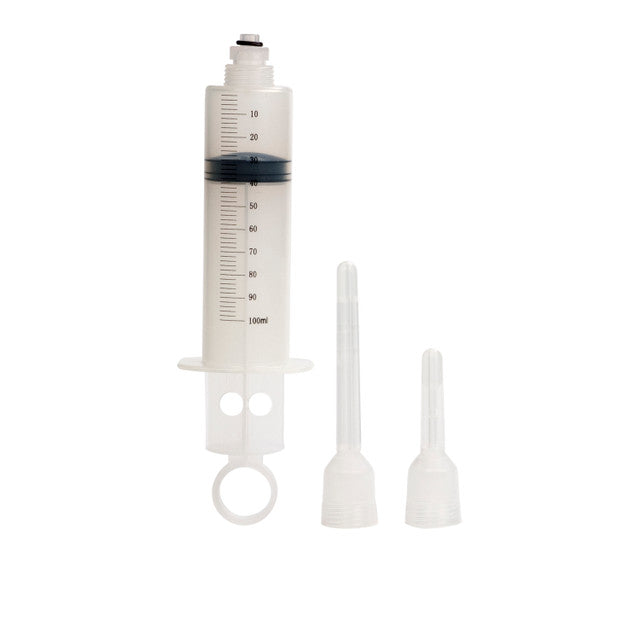 CalExotics Universal Tube Cleanser: clear 100 ml syringe-style anal douche with two screw-on nozzles