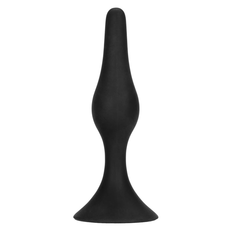 CalExotics Booty Call Booty Starter: small black silicone anal plug with a tapered tip and suction cup base