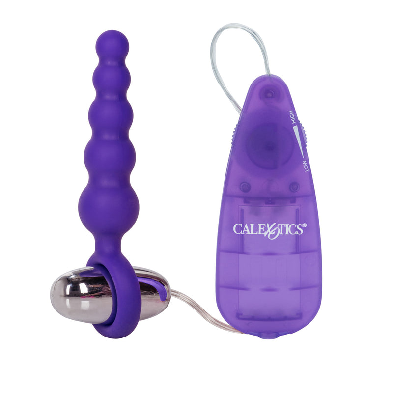 CalExotics Booty Call Booty Shaker: purple silicone anal beads with a silver bullet in the ring and a purple remote