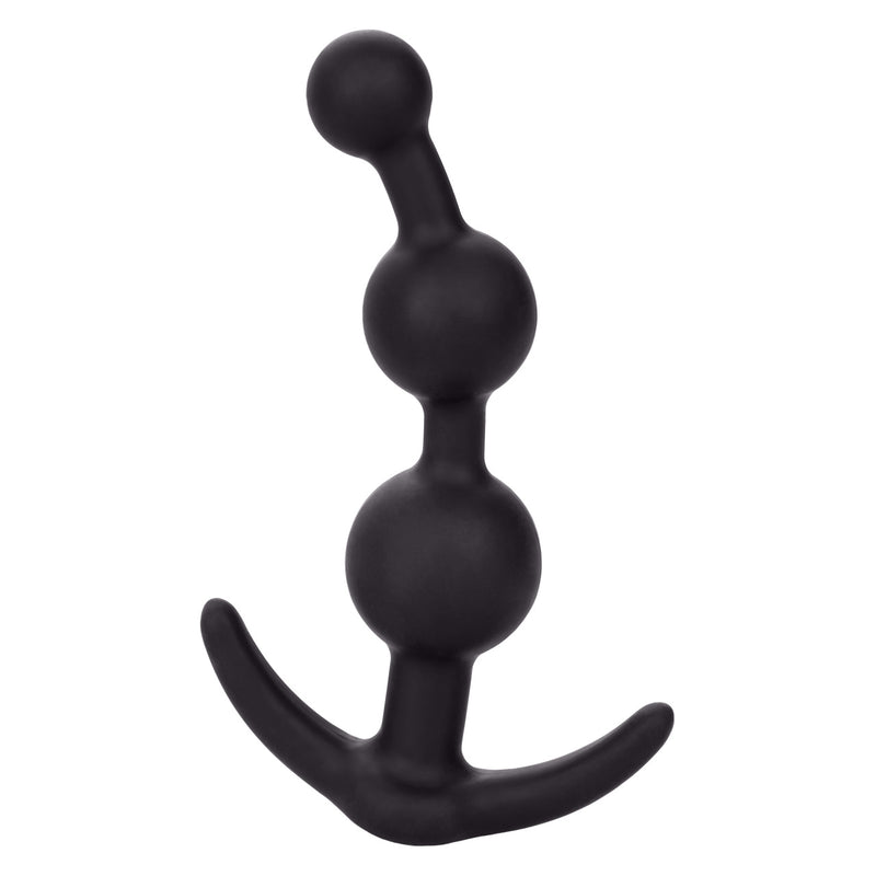 CalExotics Booty Call Booty Beads: black silicone anal beads with three graduated balls and a curved anchor base