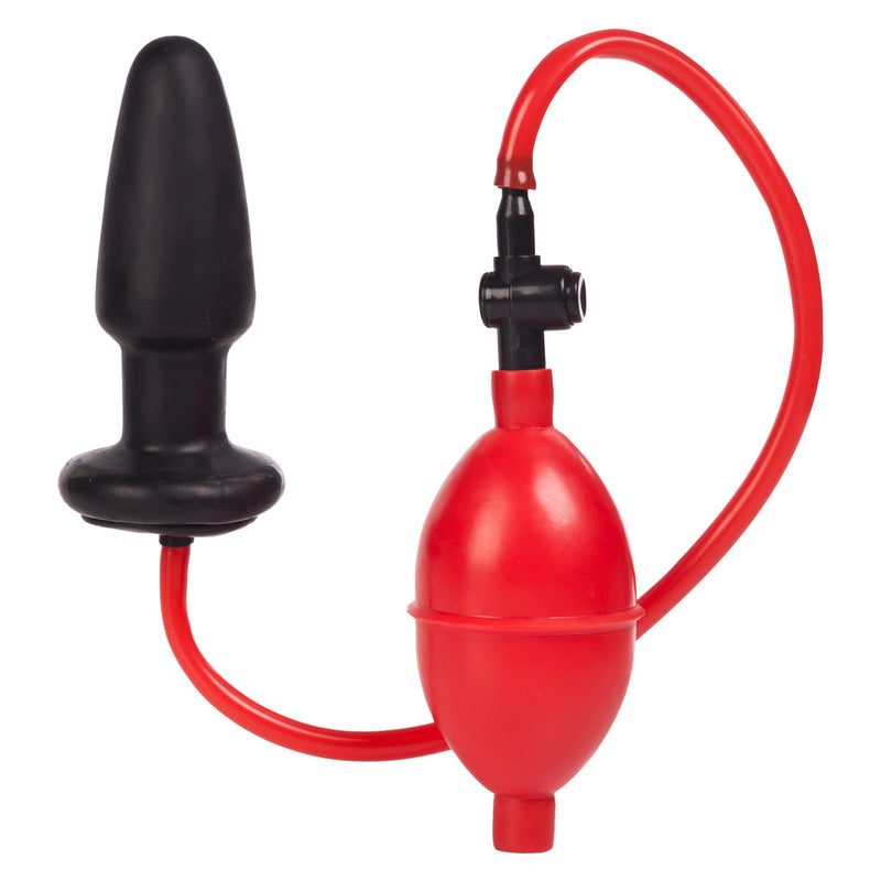 CalExotics Expandable Butt Plug: black inflatable anal plug with a red squeeze pump bulb, hose and release valve
