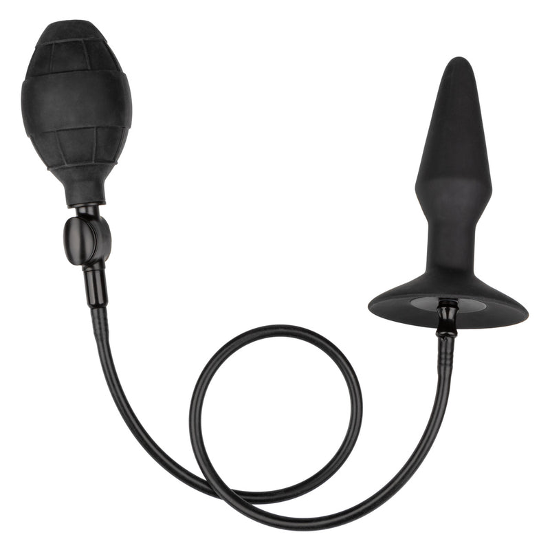 CalExotics Inflatable Anal Plug Medium: black silicone plug with suction cup base, detachable hose and pump bulb