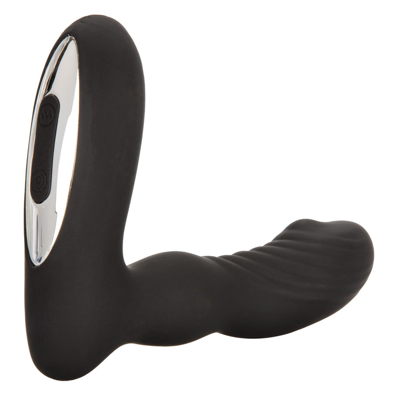 CalExotics Eclipse Roller Ball Probe: black silicone rechargeable prostate massager with a ribbed arm and silver controls