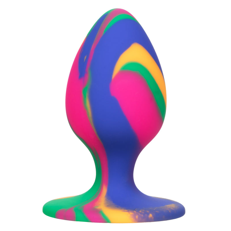 CalExotics Cheeky Medium Tie-Dye Plug: blue, pink, yellow and green silicone anal plug with a suction cup base