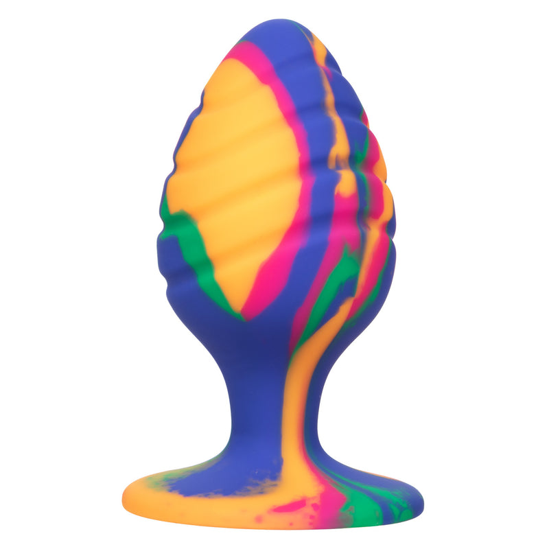 CalExotics Cheeky Swirl Large Tie-Dye Plug: blue, yellow, pink and green ridged silicone anal plug with a suction cup base