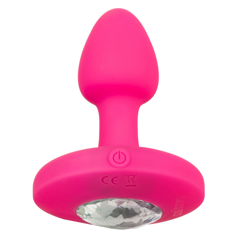 CalExotics Cheeky Gems Small Rechargeable Vibrating Probe: pink silicone anal plug with a clear gem base