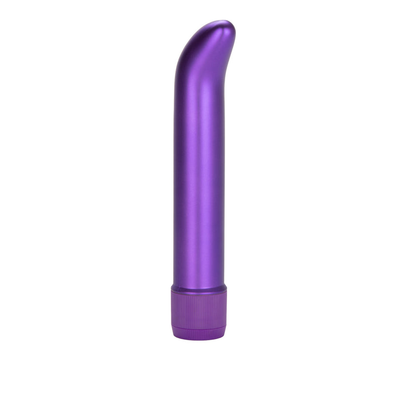 CalExotics Satin G in purple: metallic satin-finish slim G-spot vibrator with a curved tip and twist dial base, side view