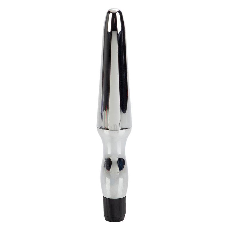 CalExotics Vibrating Waterproof Anal Probe in silver: tapered chrome-finish vibrator with a black twist base