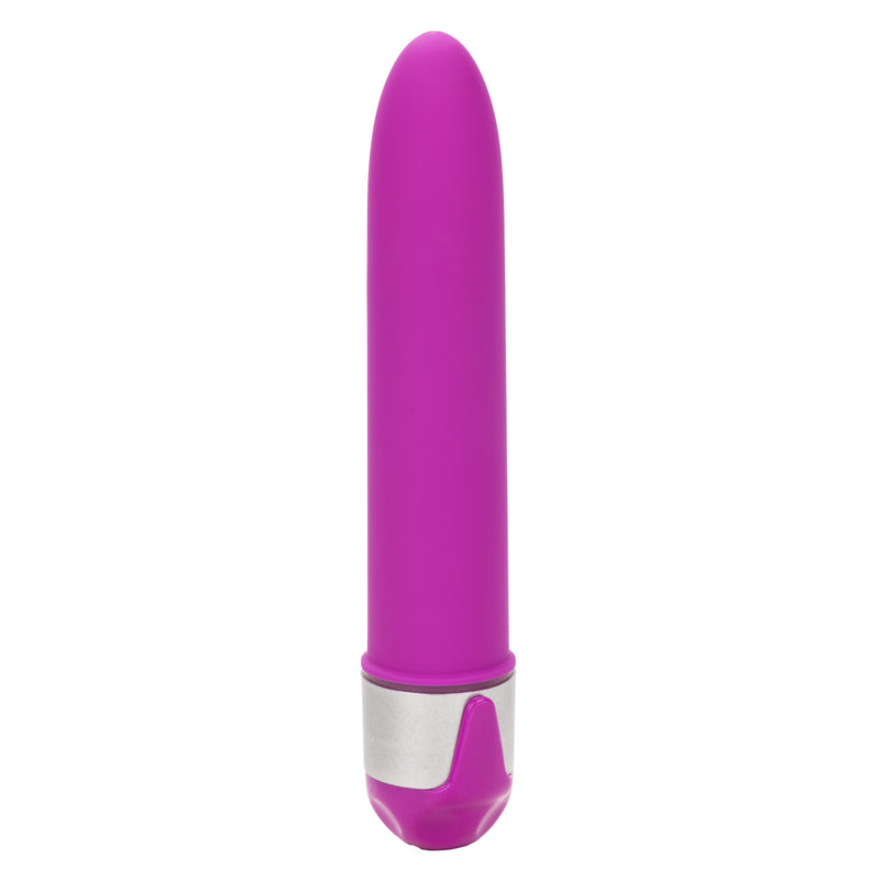 CalExotics Shane's World Sorority Party Vibe in purple: slim velvet-touch mini vibrator with a silver band and tapered tip