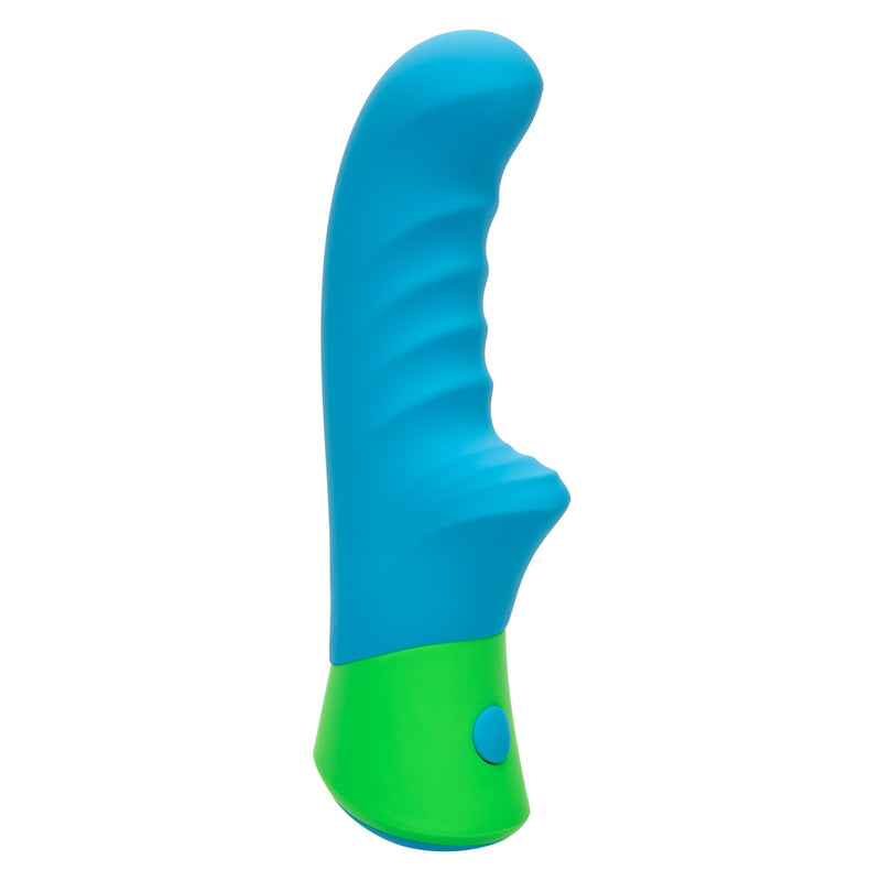 CalExotics Rave Ridged G in blue: silicone G-spot vibrator with a ridged curved shaft, clitoral bump and green handle