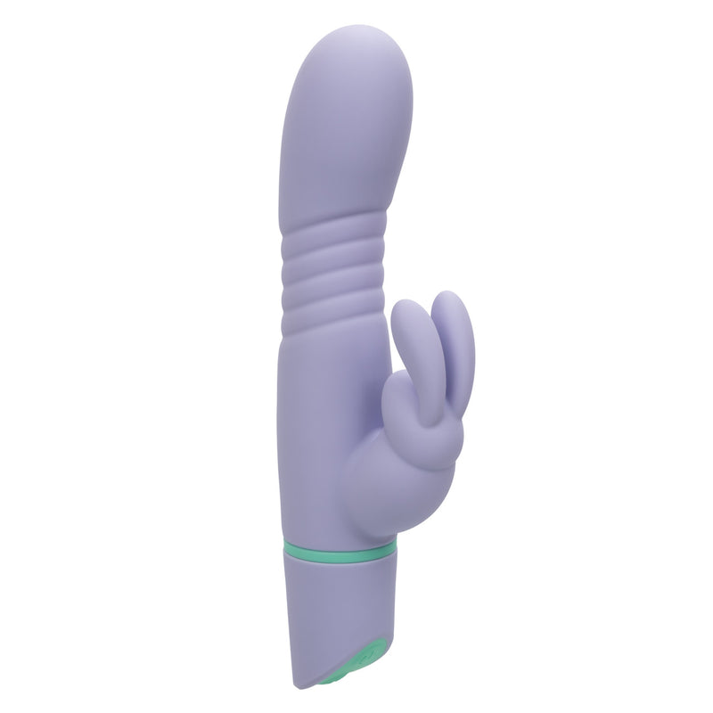 CalExotics Love Bunny Thrusting Bunny in light purple: silicone rabbit vibrator with a ribbed shaft and mint trim