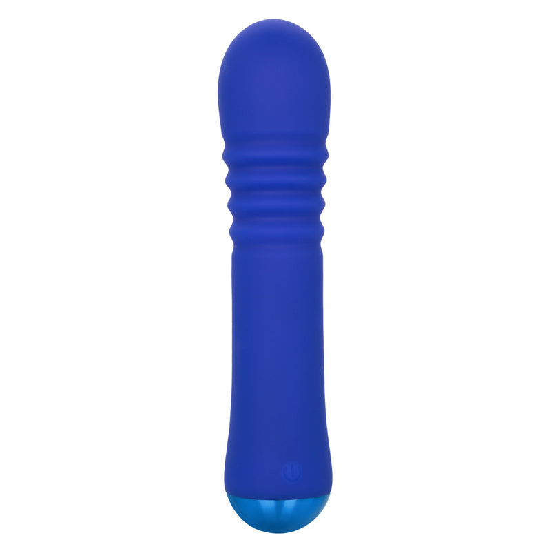 CalExotics Thicc Chubby Thrusting Wand in blue: thick silicone thrusting vibrator with a ridged shaft and metallic blue base