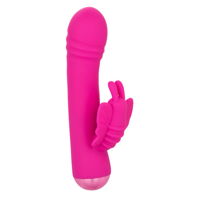 CalExotics Thicc Chubby Rotating Butterfly in pink: thick silicone rabbit vibrator with ridged shaft and butterfly tickler
