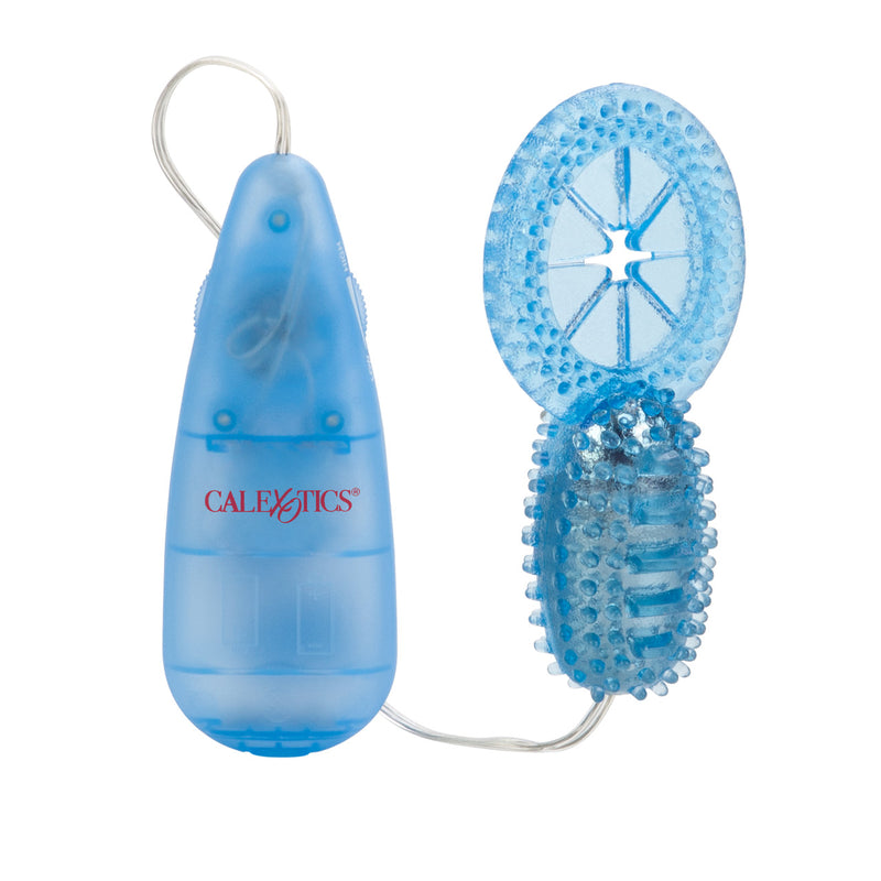 CalExotics Shane's World His Stimulator in blue: nubbed bullet sleeve with a cock ring, corded to a blue remote