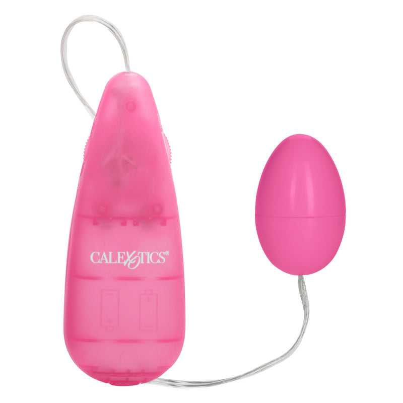 CalExotics Pocket Exotics Vibrating Pink Passion Egg: pink satin-finish egg vibrator corded to a frosted pink remote