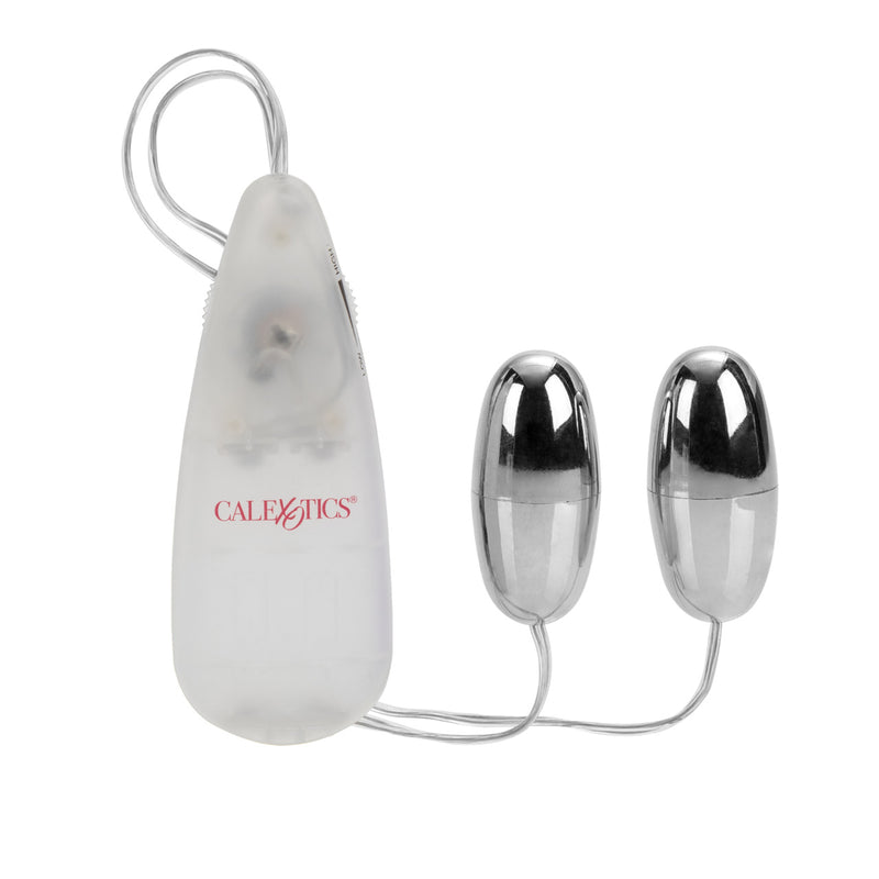 CalExotics Pocket Exotics Double Silver Bullets: two chrome bullet vibrators corded to one frosted remote