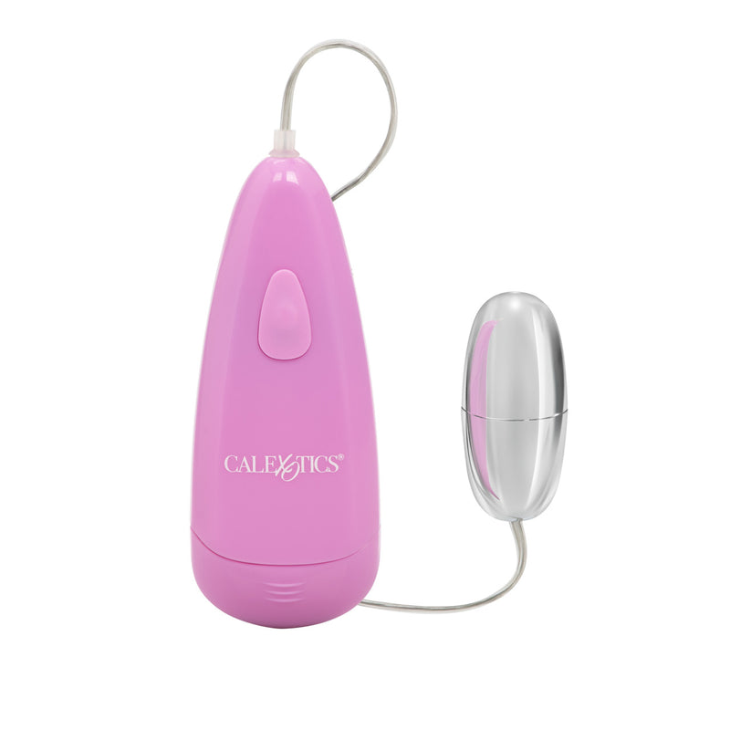 CalExotics Pocket Exotics Waterproof Silver Bullet: chrome bullet vibrator corded to a pink push-button remote