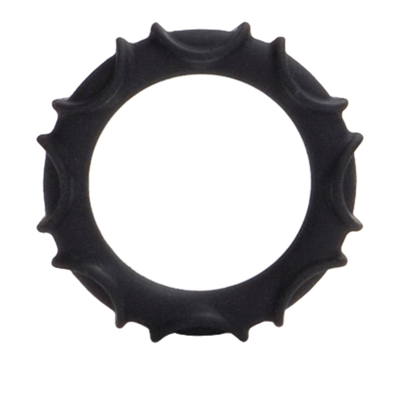 CalExotics Adonis Silicone Rings Atlas: black silicone cock ring with raised ridges around the outside
