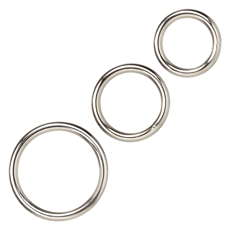 CalExotics Silver Ring 3 Piece Set: three silver-plated steel cock rings in medium, large and extra large