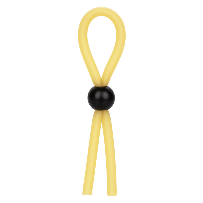 CalExotics The Lasso: yellow adjustable lasso cock ring with a black sliding bead