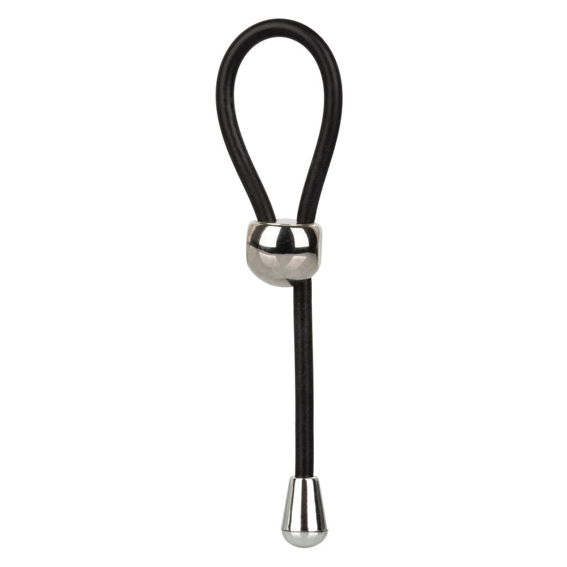 CalExotics EZ Cinch Silicone Lasso Ring: black adjustable cock ring loop with a silver sliding bead and weighted tip