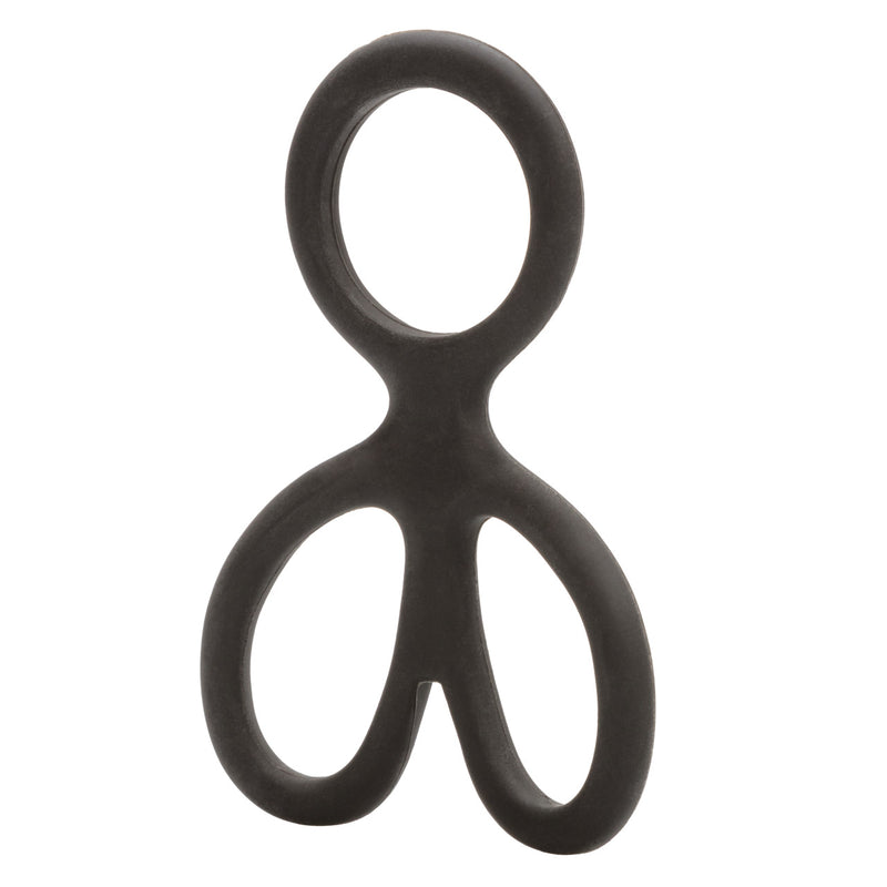 CalExotics Silicone Ball Spreader: black stretchy cock ring with two separate scrotum loops