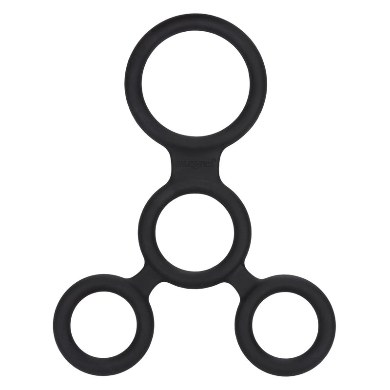 CalExotics Full Erection Spreader: black silicone cock and ball ring with a shaft ring, base ring and two spreader rings