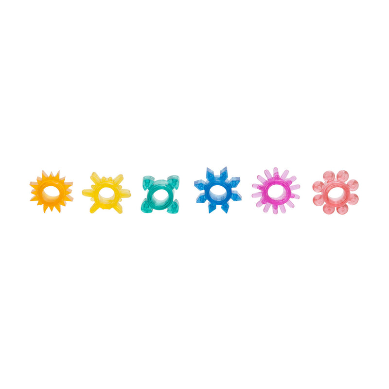 CalExotics Senso 6 Pack: six colorful stretchy textured cock rings in orange, yellow, teal, blue, pink and coral
