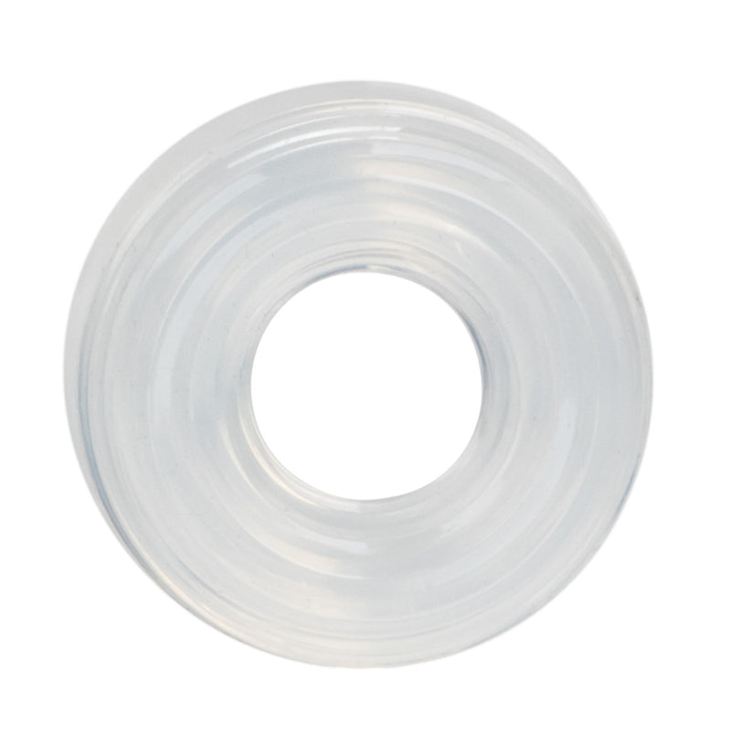 CalExotics Premium Silicone Ring Medium: clear stretchy silicone cock ring with a thick ribbed band, front view