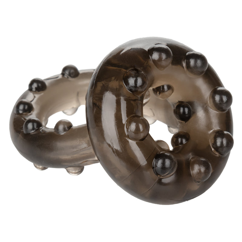 CalExotics All Star Enhancer Ring in smoke: stretchy dual cock ring with pleasure nodules and scrotum support