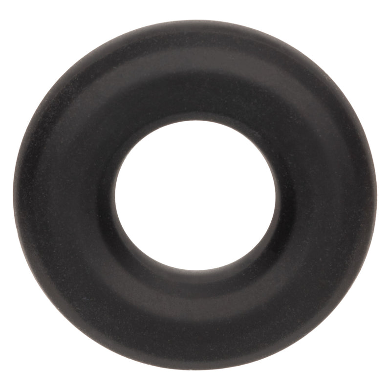 CalExotics Alpha Liquid Silicone Prolong Medium Ring: thick round black cock ring