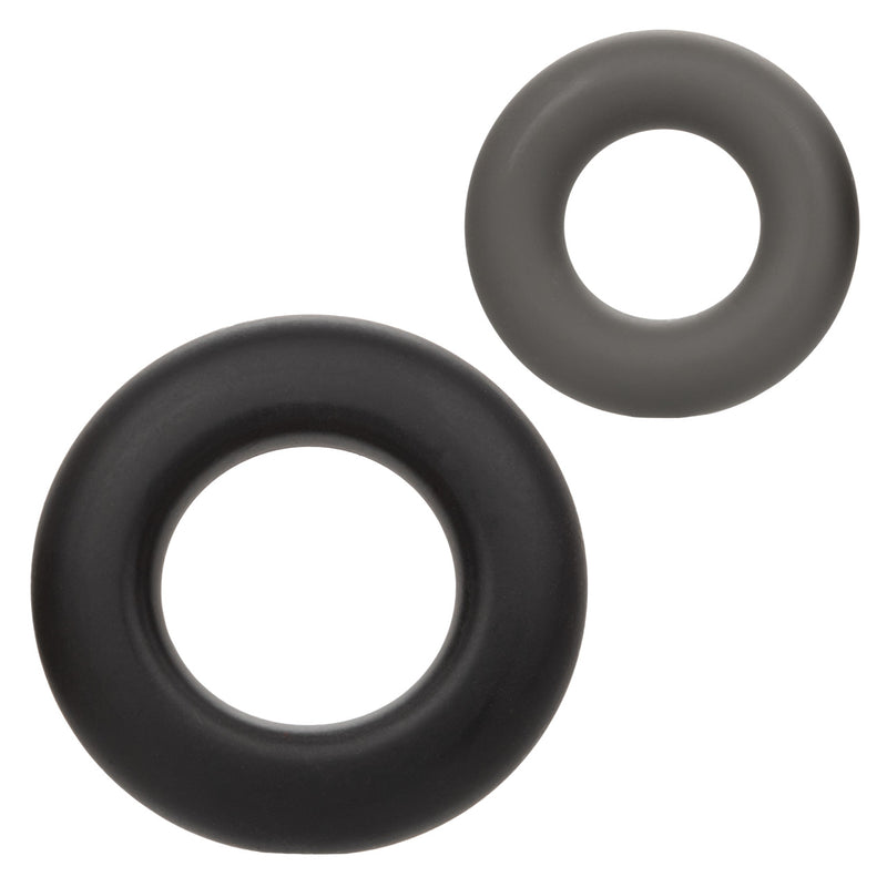 CalExotics Alpha Liquid Silicone Prolong Set of 2: black and gray thick round cock rings in two sizes